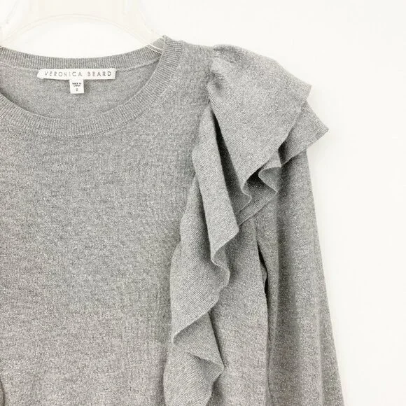 Veronica Beard Centre Ruffle Crewneck Metallic-knit Sweater Size S Gray Sparkle - Picture 5 of 10